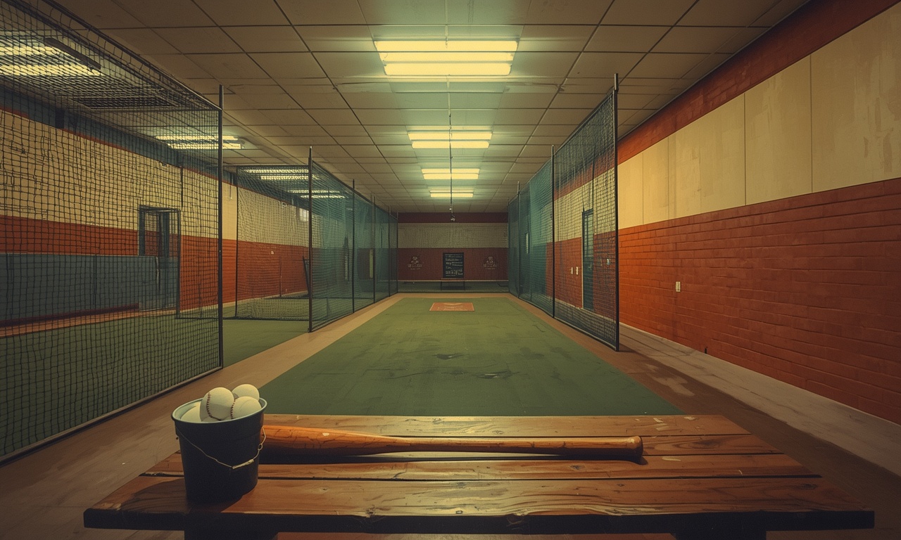 An illustration of an empty indoor batting cage.