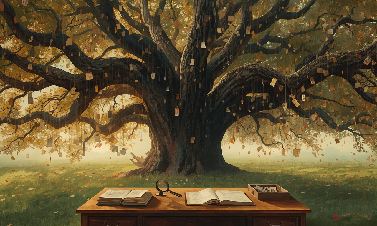 An illustration of an oak tree hung with old photographs.