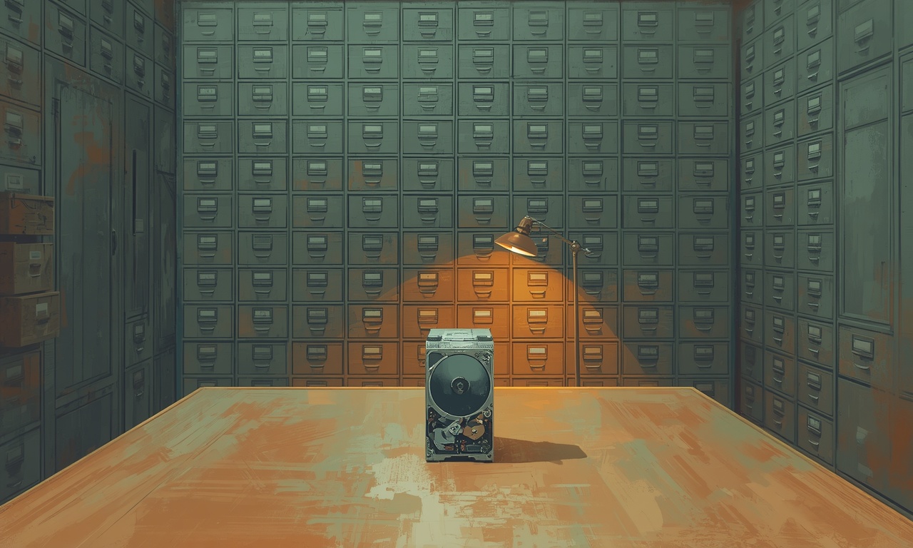 An illustration of one small drive in front of a wall of filing cabinets.
