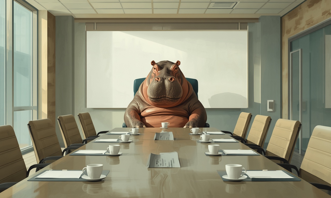 An illustration of a hippo at the head of a conference table.