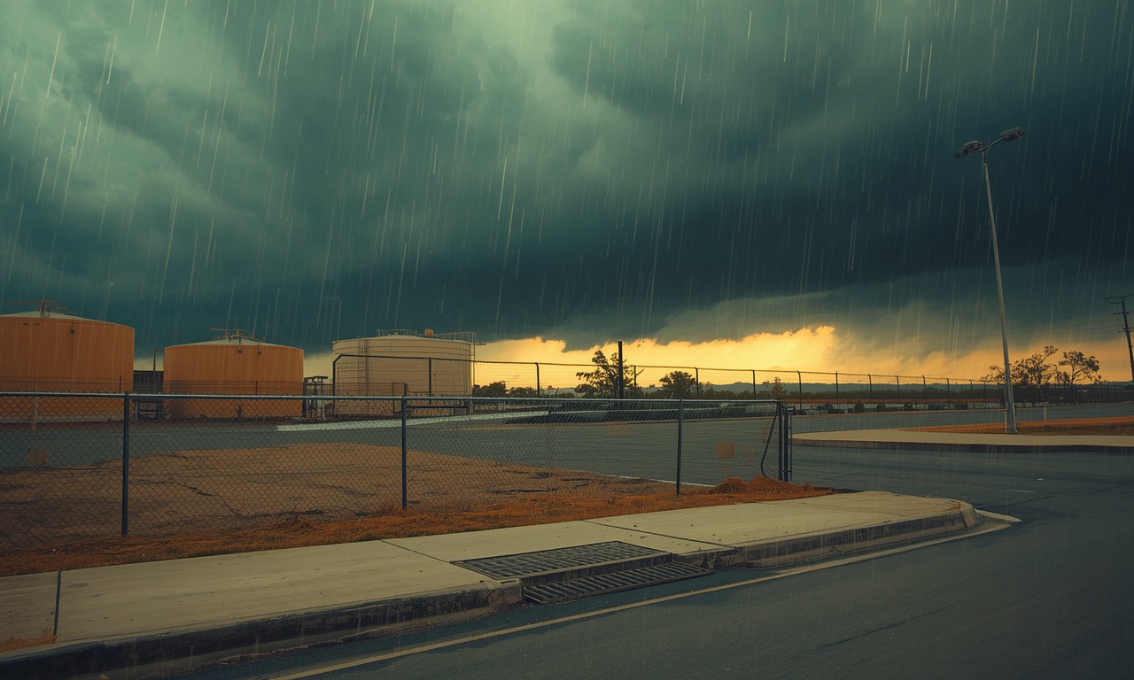 An illustration of storm clouds over an industrial yard.