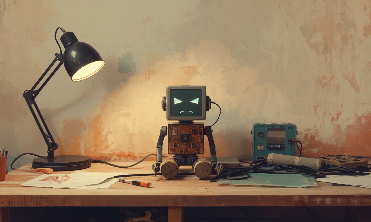 An illustration of a small gloomy robot on a workbench.