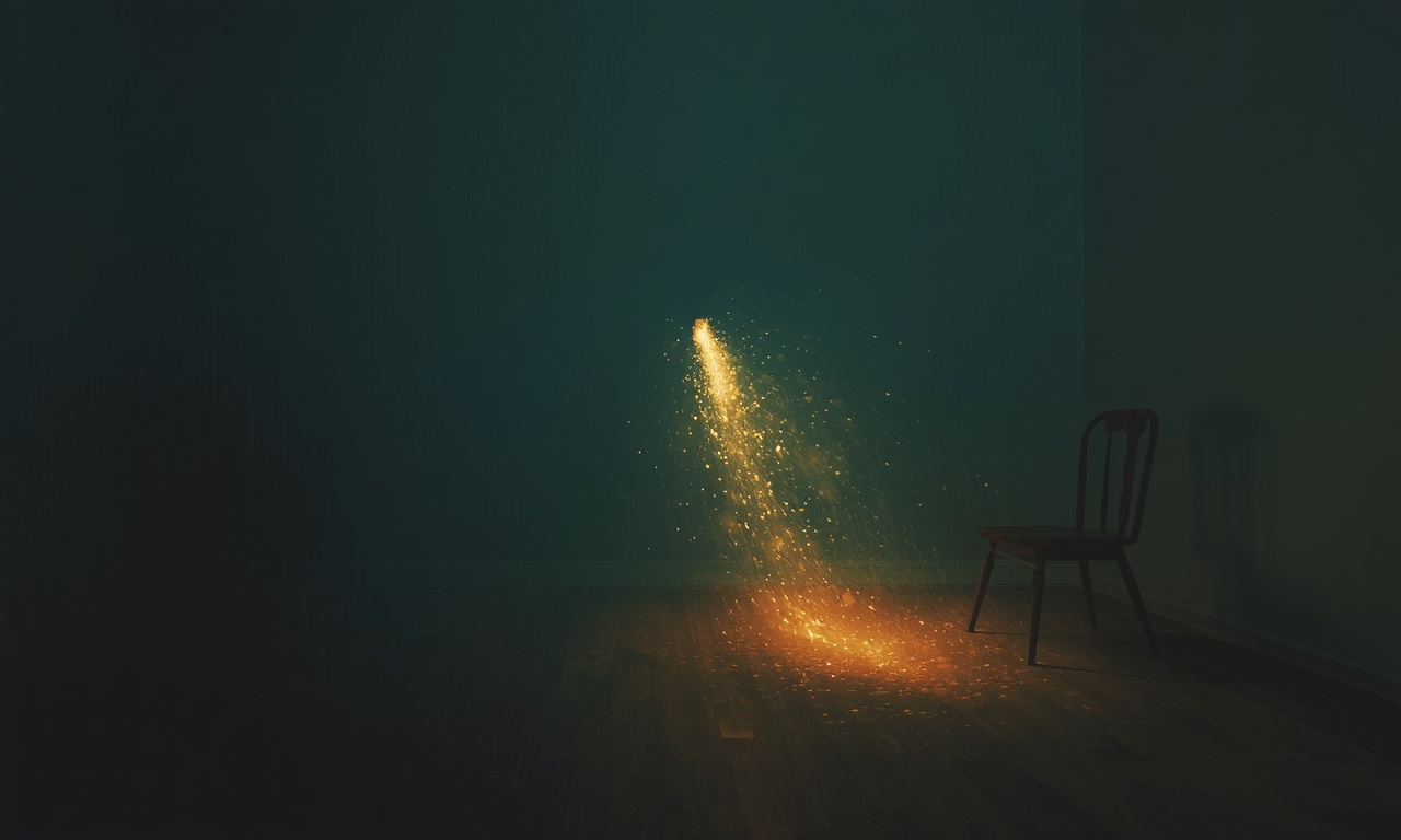 An illustration of a presence made of light in a dark room.