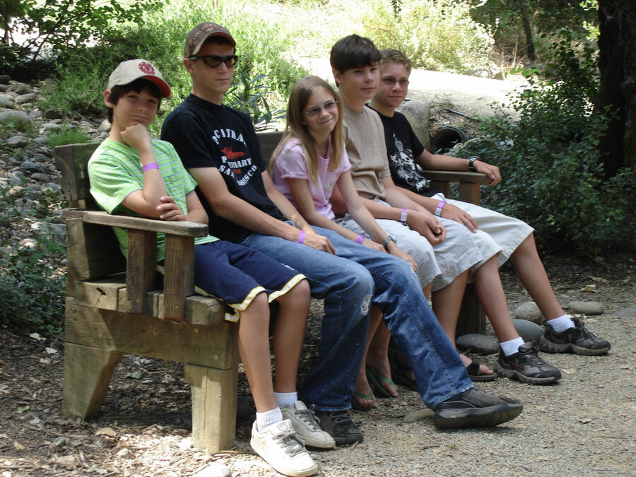 All five kids on one bench, June 2006.
