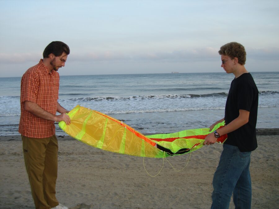 Kites on the beach, May 2007. This was a traction kite, meaning it could pull you across the sand. Slow moving, but fun to play with.