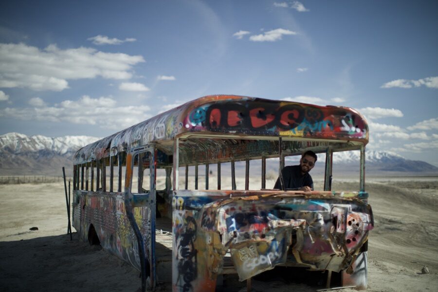 A painted bus on the salt flats, Utah, March 2022.